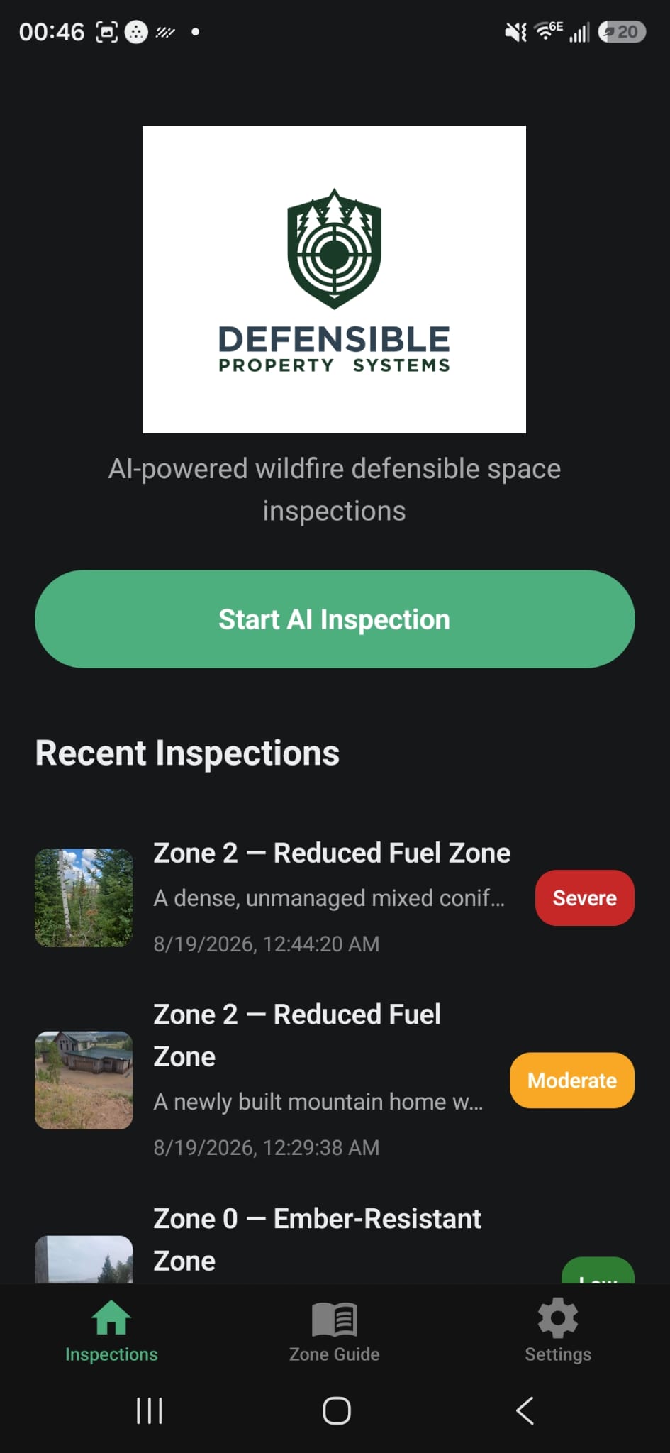 DPS AI Inspection home screen with Start AI Inspection button and recent inspections