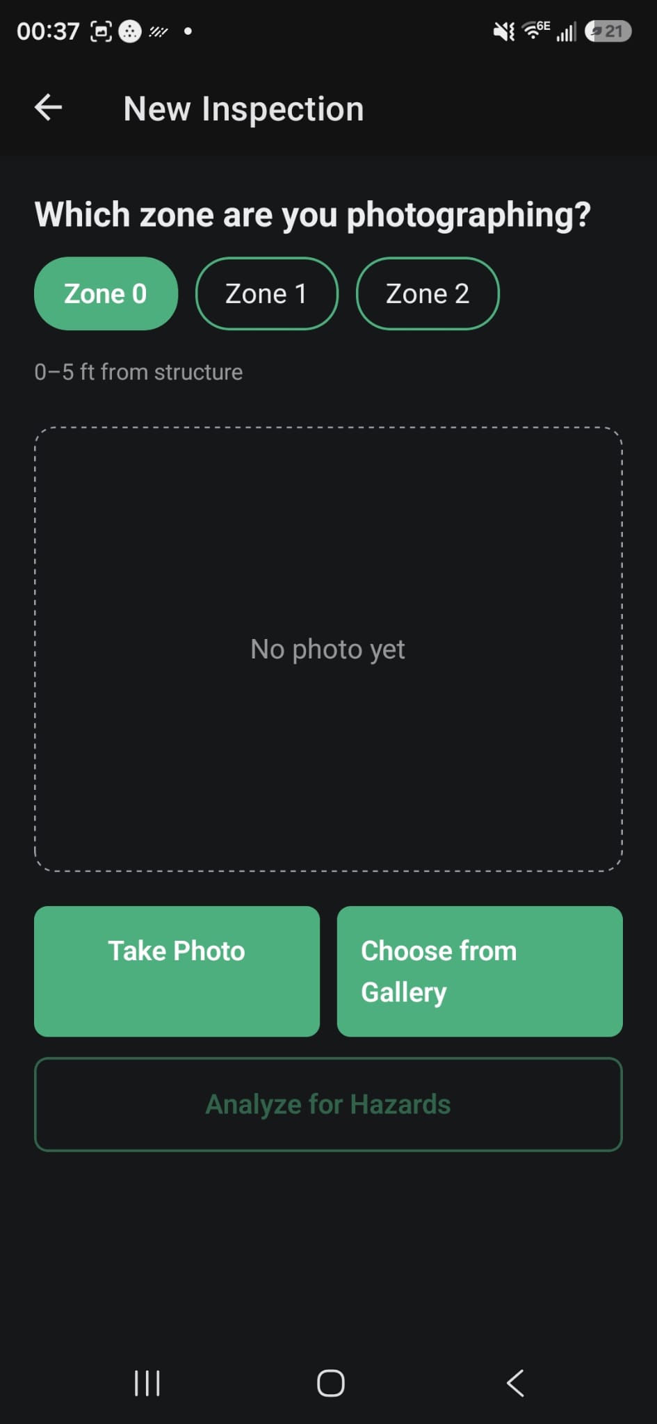 DPS AI Inspection app screen for starting a new zone inspection